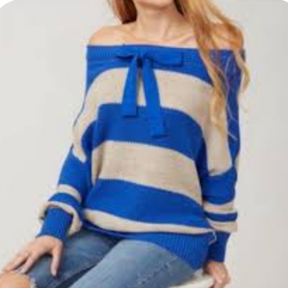 Free People Linen Top, Size Small, Off Shoulder, Stripes, Blue & Tan, Tie